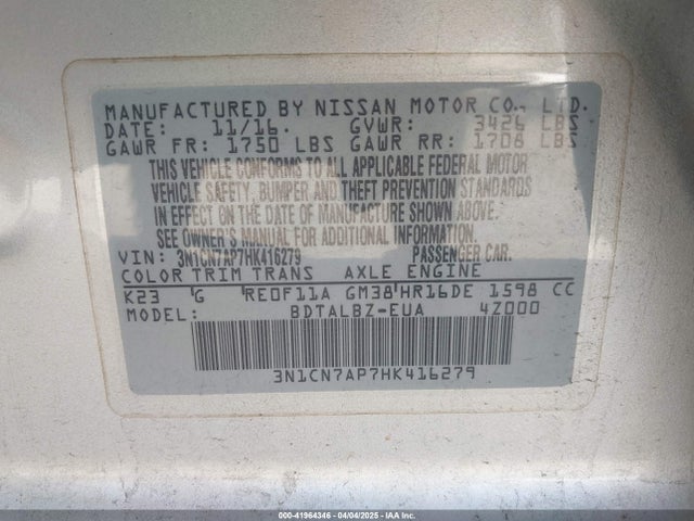 3N1CN7AP7HK416279 Nissan Versa 1.6 Sv