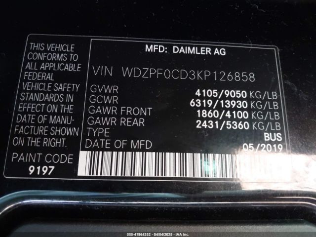 WDZPF0CD3KP126858 Mercedes-Benz Sprinter 2500 High Roof V6