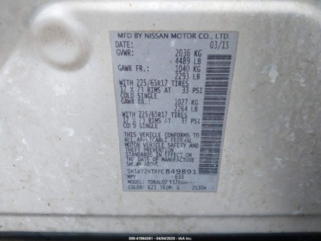 5N1AT2MTXFC849891 Nissan ROGUE SV