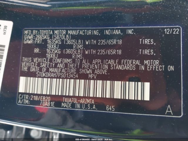 5TDKDRAH7PS013454 Toyota Highlander Xle