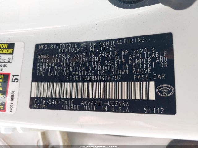 4T1R11AK8NU676797 Toyota CAMRY LE