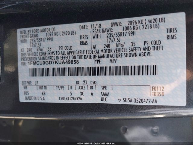 1FMCU0GD7KUA49858 Ford ESCAPE SE