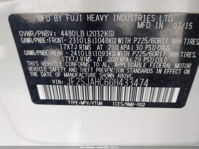 JF2SJAHC6GH433474 Subaru Forester 2.5i Limited