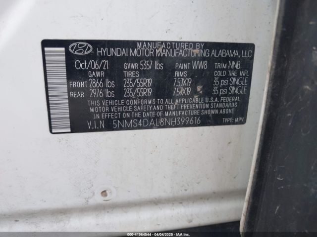 5NMS4DAL8NH399616 Hyundai Santa Fe Limited