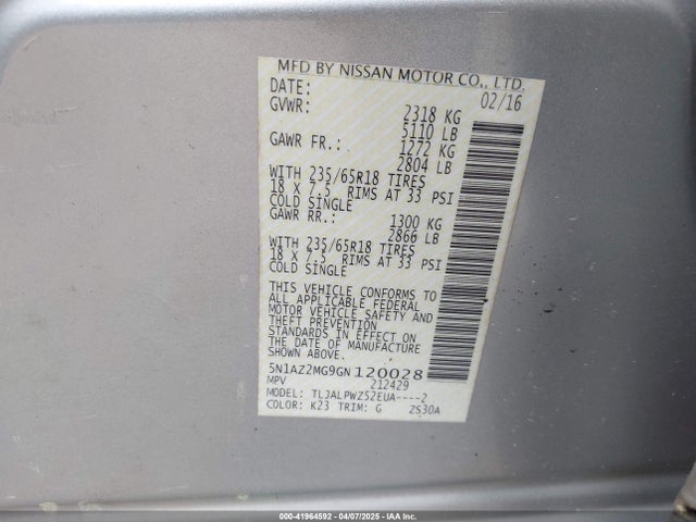 Nissan MURANO S 2016 5N1AZ2MG9GN120028 Image 9