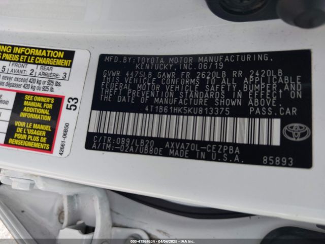 4T1B61HK5KU813375 Toyota CAMRY XSE