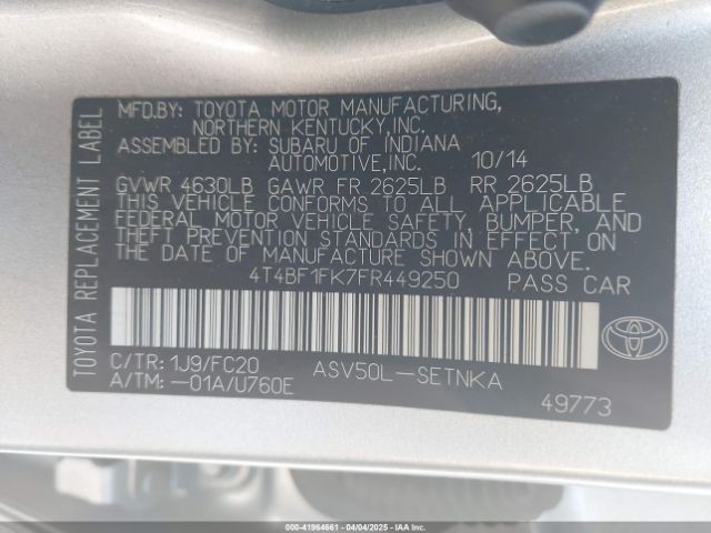 4T4BF1FK7FR449250 Toyota CAMRY LE