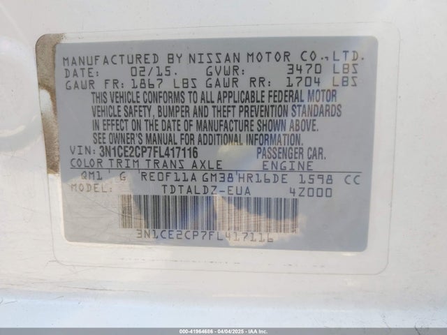 3N1CE2CP7FL417116 Nissan Versa Note Sv