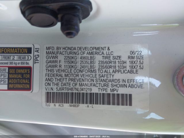 5J6RT6H87NL041219 Honda Cr-v Hybrid Ex-l