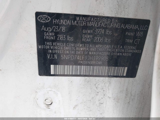 5NPD74LF9JH399905 Hyundai ELANTRA SE