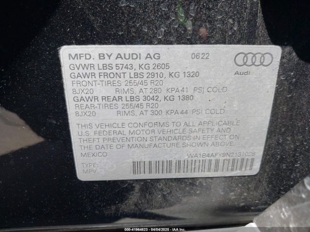 WA1B4AFY9N2131028 Audi Sq5 Premium Plus Tfsi Quattro Tiptronic