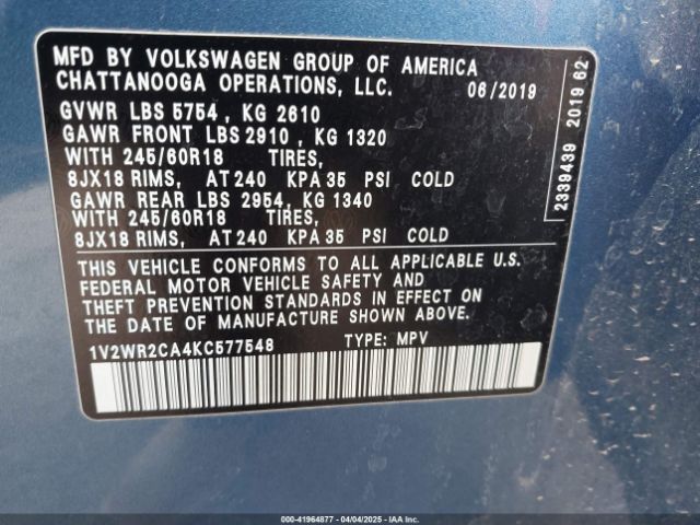 1V2WR2CA4KC577548 Volkswagen Atlas 3.6l V6 Se W/technology