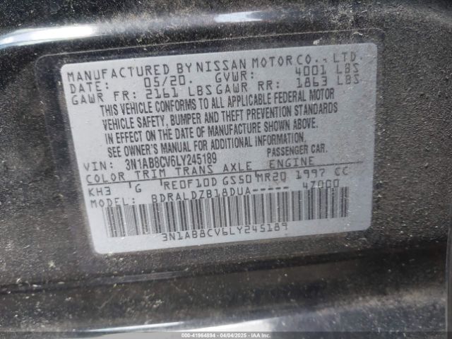 3N1AB8CV6LY245189 Nissan Sentra Sv Xtronic Cvt