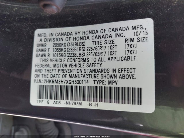 2HKRM3H7XGH500114 Honda Cr-v Ex-l