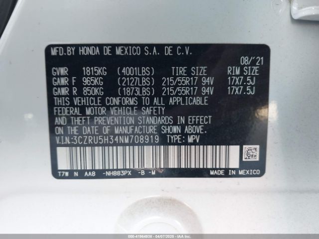 3CZRU5H34NM708919 Honda Hr-v 2wd Lx
