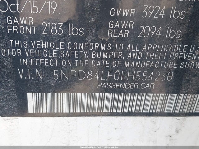 5NPD84LF0LH554230 Hyundai ELANTRA SEL