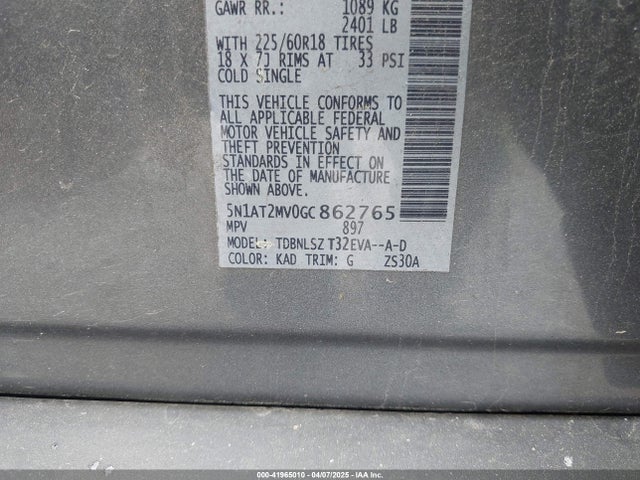 5N1AT2MV0GC862765 Nissan Rogue Sl