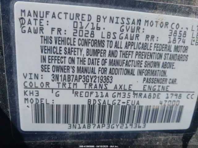 3N1AB7AP3GY219363 Nissan SENTRA SL