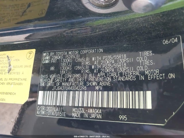 Aukcja sprzedaży 2004 Lexus Rx 330, vin: JTJGA31U440042298, numer aukcji: 41965178