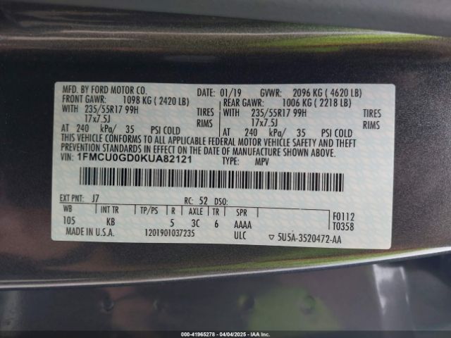 1FMCU0GD0KUA82121 Ford ESCAPE SE