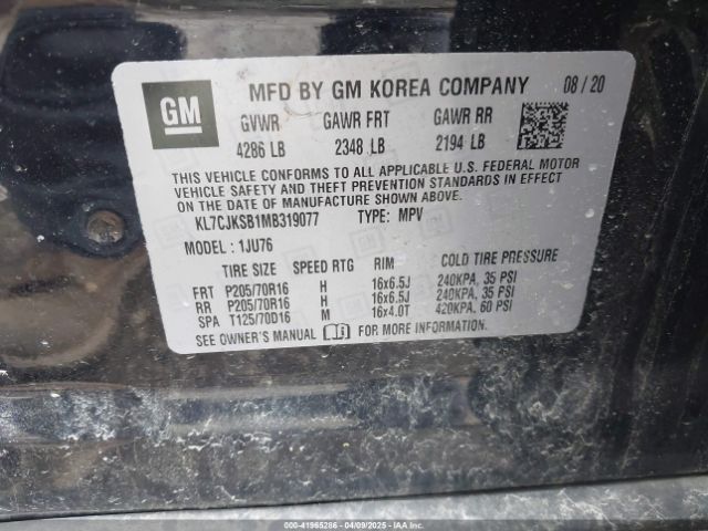 KL7CJKSB1MB319077 Chevrolet Trax Fwd Ls