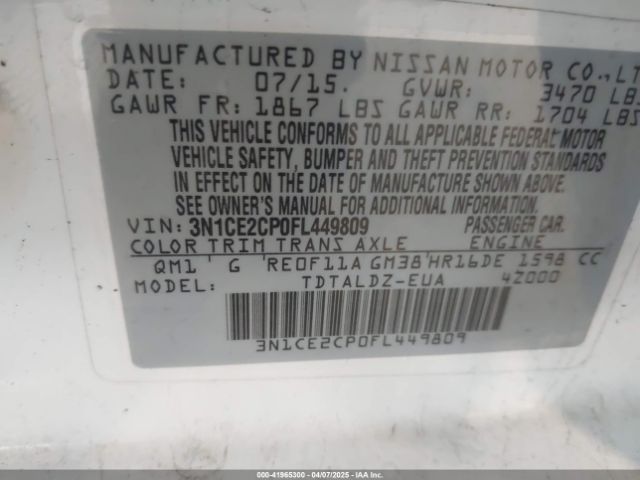 3N1CE2CP0FL449809 Nissan Versa Note Sv