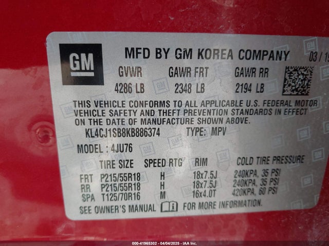 KL4CJ1SB8KB886374 Buick luv: mfi, variable valve timing, alum, e85 max