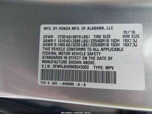 5FNRL6H89KB045003 Honda Odyssey Touring