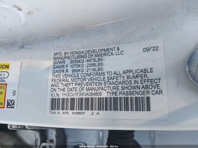 1HGCV1F3XNA084806 Honda l15be