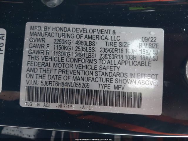 5J6RT6H84NL055269 Honda Cr-v Hybrid Ex-l