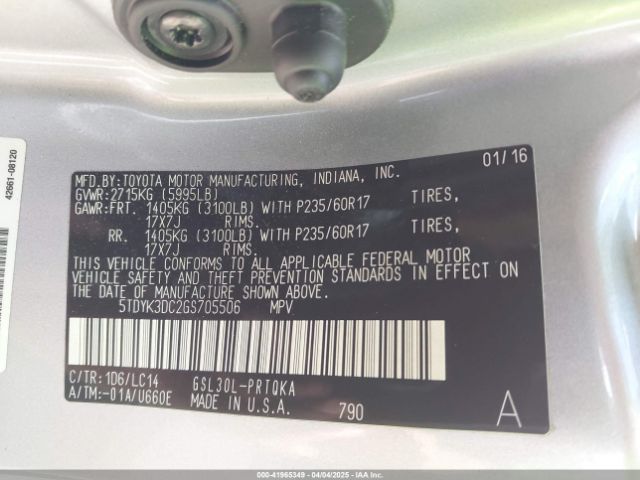 5TDYK3DC2GS705506 Toyota Sienna Xle 8 Passenger