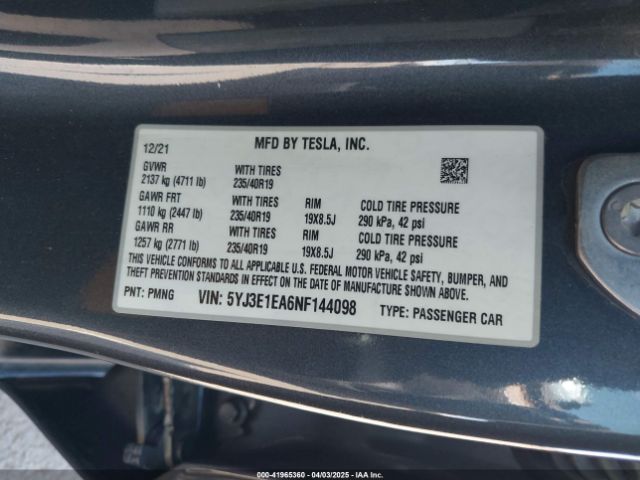 5YJ3E1EA6NF144098 Tesla Model 3 Rear-wheel Drive
