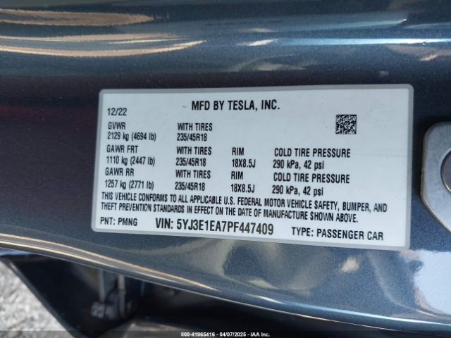 5YJ3E1EA7PF447409 Tesla Model 3 Rear-wheel Drive