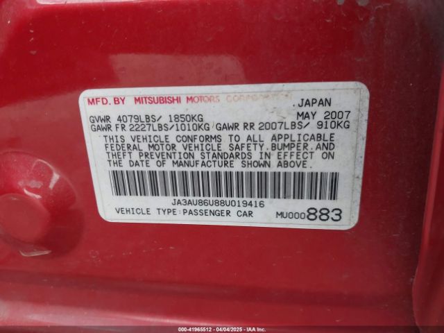 2008 MITSUBISHI LANCER JA3AU86U88U019416 Photo 8