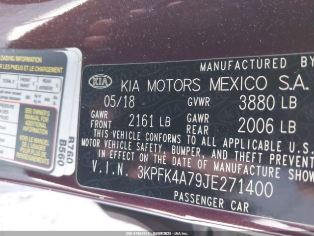 3KPFK4A79JE271400 KIA FORTE LX
