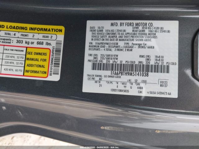 1FA6P8TH9M5141038 Ford Mustang Ecoboost Fastback