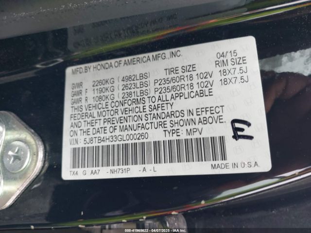 5J8TB4H33GL000260 Acura Rdx Acurawatch Plus Package