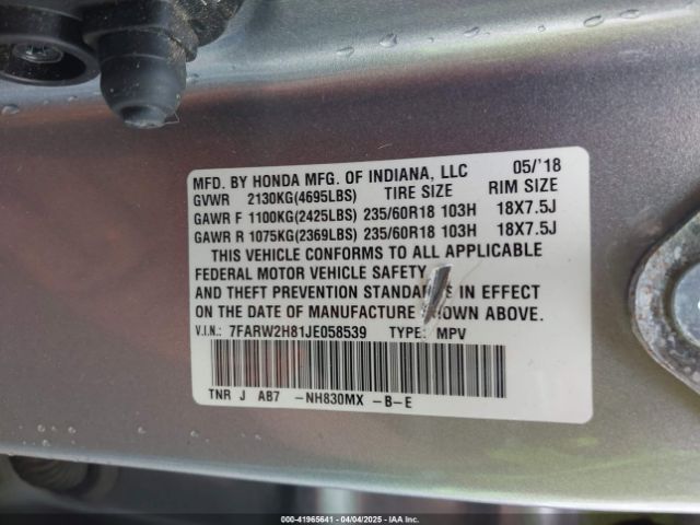 7FARW2H81JE058539 Honda Cr-v Ex-l/ex-l Navi