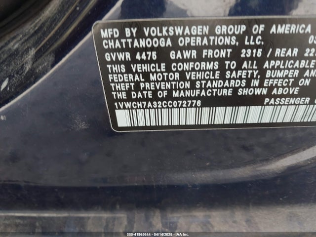 41965644 :رقم المزاد ، 1VWCH7A32CC072776 vin ، 2012 Volkswagen Passat 2.5l Sel مزاد بيع