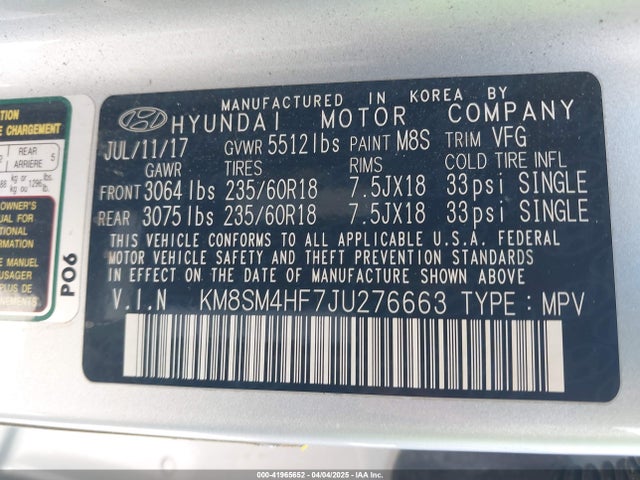 KM8SM4HF7JU276663 Hyundai Santa Fe Se