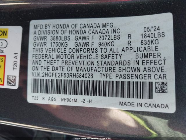 2HGFE2F53RH584026 Honda Civic Sport