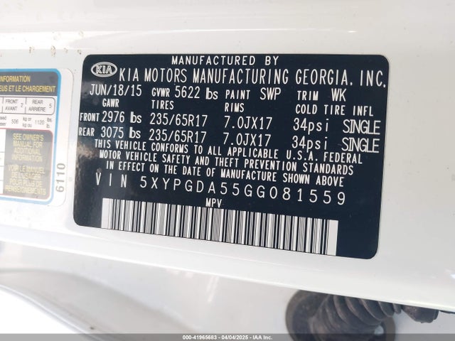 5XYPGDA55GG081559 KIA Sorento 3.3l Lx