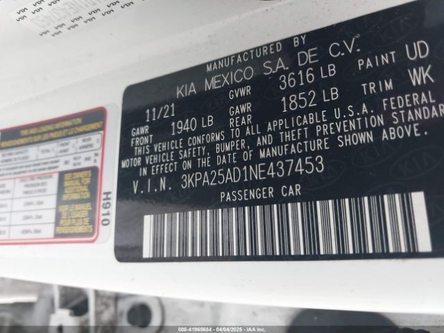 3KPA25AD1NE437453 KIA Rio 5-door S