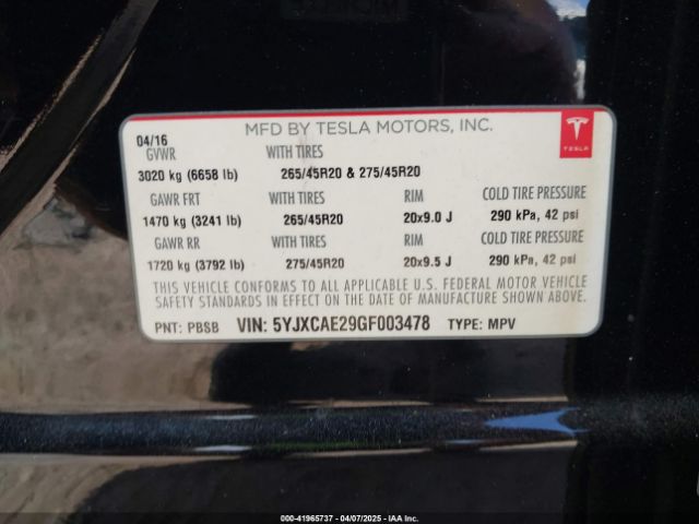 5YJXCAE29GF003478 Tesla Model X 60d/70d/75d/90d