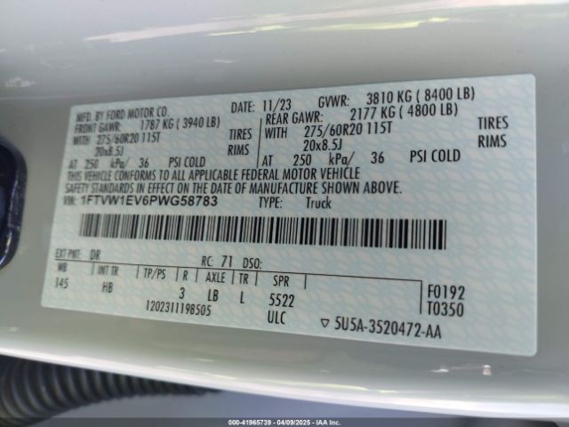 1FTVW1EV6PWG58783 Ford F-150 Lightning Lariat