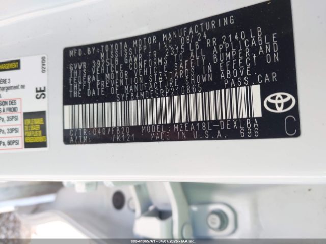5YFB4MDE5RP210865 Toyota COROLLA LE