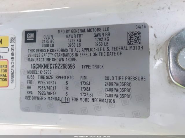 1GCNKNEC7GZ268596 Chevrolet l83 - sidi, vvt, afm, e85 max, aluminum