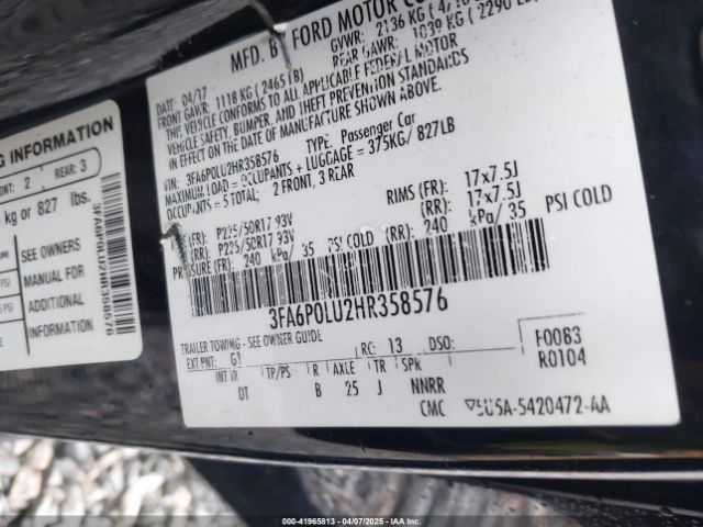 3FA6P0LU2HR358576 Ford Fusion Hybrid Se