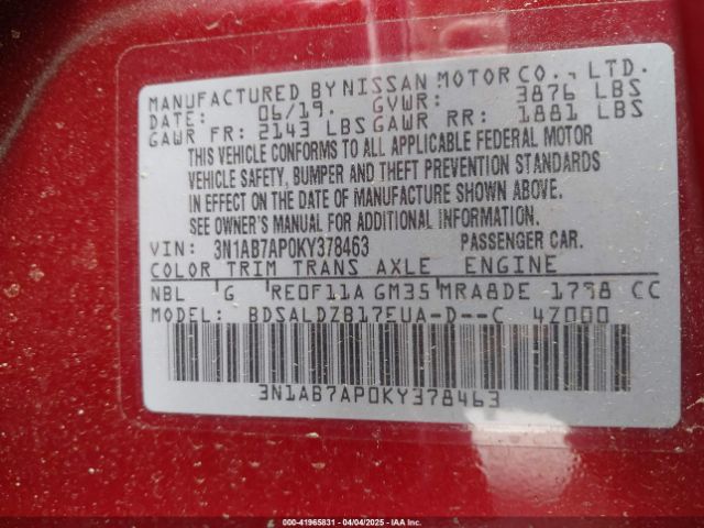 3N1AB7AP0KY378463 Nissan SENTRA SV