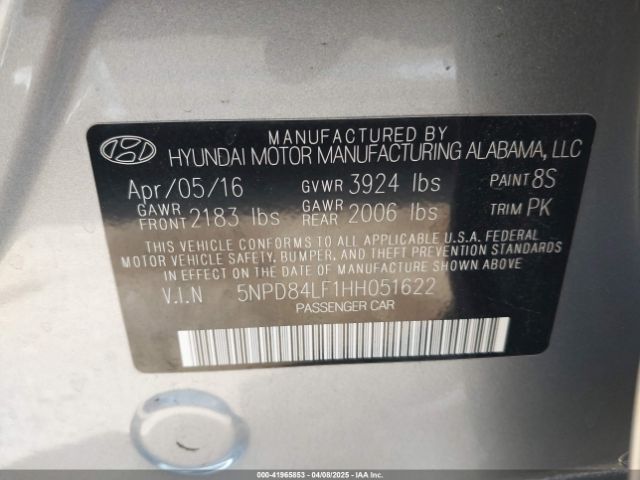 5NPD84LF1HH051622 Hyundai ELANTRA SE